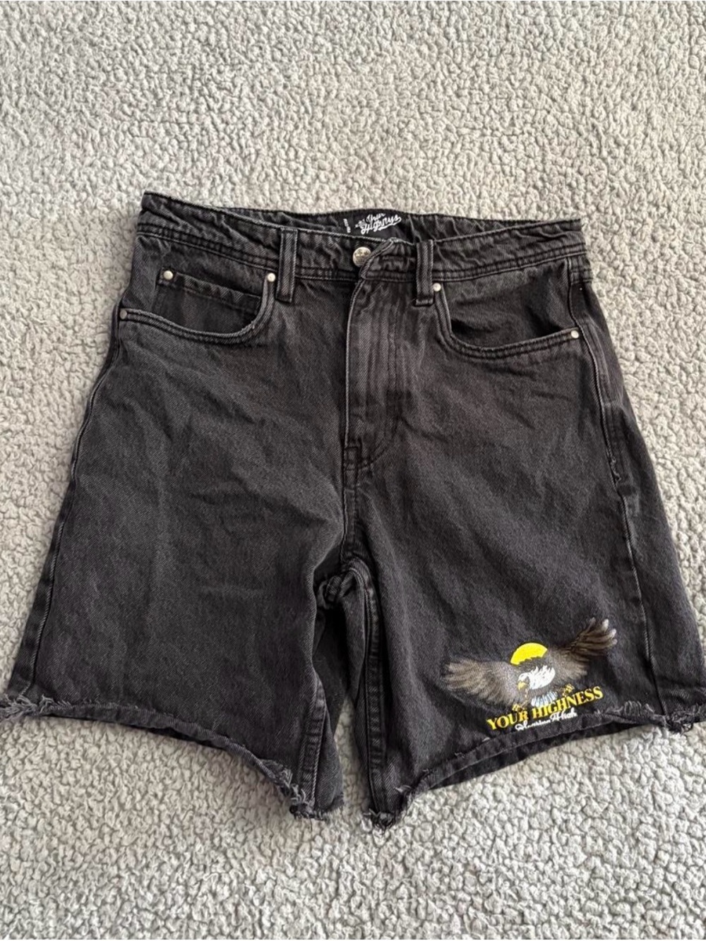 Men's Black Graphic Denim Jean Shorts with Eagle Accent